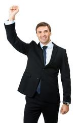 Happy gesturing businessman , isolated