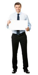 Businessman showing signboard, on white