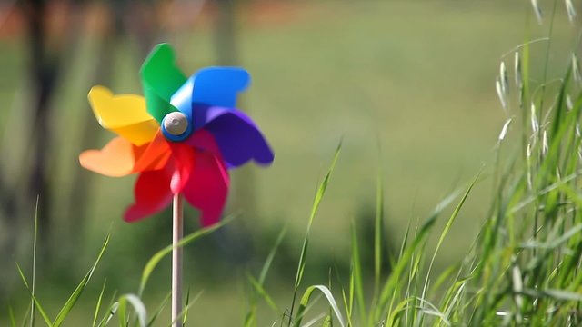 Colorful windmill in a field of wheat
