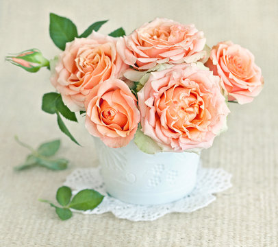 Beautiful fresh roses in a ceramic vase