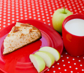 Homemade baking apple pie with cup of milk
