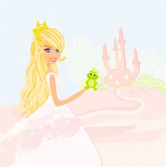 Abwaschbare Fototapete Schloss Schöne junge Prinzessin, die einen großen grünen Frosch hält