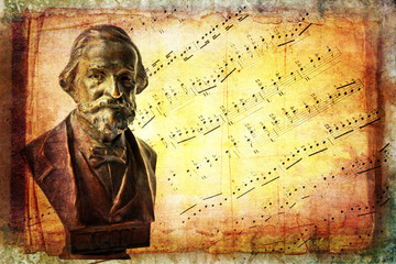 Busto di Giuseppe Verdi, spartito musicale