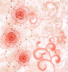 pink roses grunge illustration with flourishes for wedding or bi