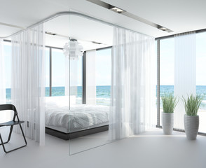 Fototapeta na wymiar Niesamowite Sypialnia z białym łóżku z widokiem na morze