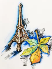 Fotobehang Eiffeltoren met kastanjeblad, aquarel met lei-potlood pa © HamsterMan