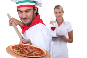 pizza cook and a waitress