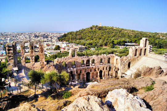 Ancient Greek theatre at the Acropolis with Athens view