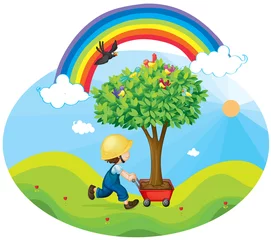 Poster Im Rahmen Junge trägt Baum in einem Wagen © GraphicsRF