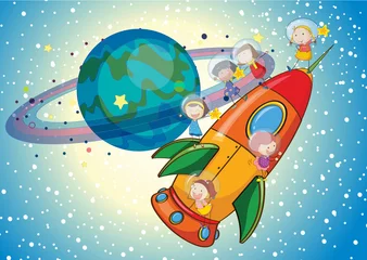 Papier Peint photo autocollant Cosmos enfants sur une fusée