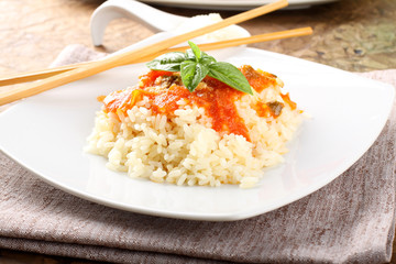 Rice with tomato sauce and basil