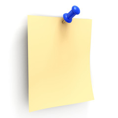 Yellow note with blue pin on white background