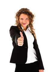 Woman showing OK sign isolated on white background