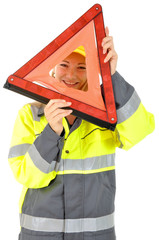 Pannenhelferin mit Warndreieck