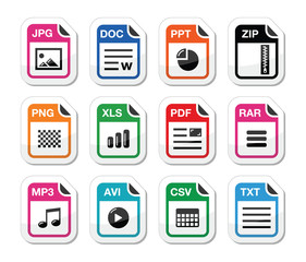 File type icons as labels set - zip, pdf, jpg, doc