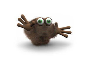 Brown furry puppet with green eyes isolated on white background