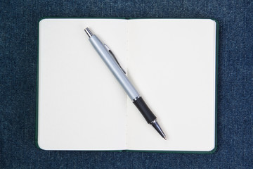 Ballpoint pen on notebook. On a blue background.