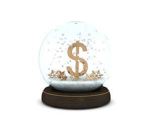 Snow globe with golden dollar and snowflakes