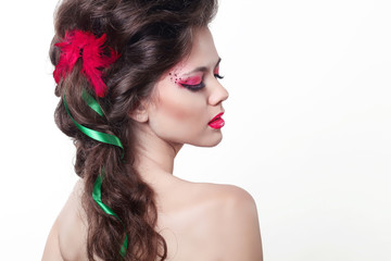 Naklejka premium Beautiful Brunette Girl. Healthy Long Hair Style isolated on whi