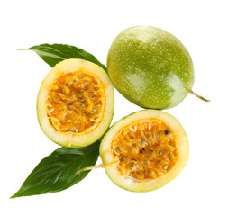 green passion fruit isolated on white background close-up