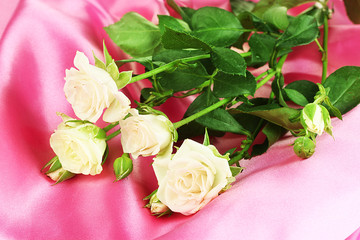 Beautiful white roses on pink satin close-up