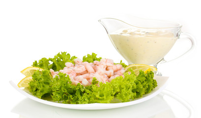 Delicious marinated shrimp in plate isolated on white