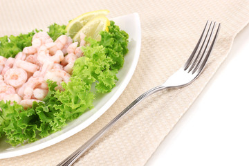 Delicious marinated shrimp in plate isolated on white