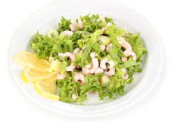Delicious marinated shrimp in plate isolated on white