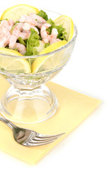 Delicious marinated shrimp in glass isolated on white