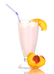 Delicious milk shake with peach isolated on white