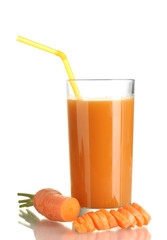 glass of carrot juice and fresh carrot isolated on white