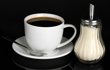 sugar bowl with cup of coffee isolated