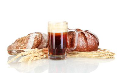 glass of kvass with bread isolated on white background