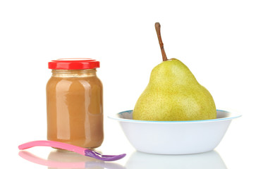 Jars with fruit baby food and pear isolated on white