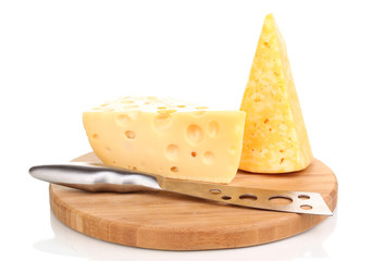 tasty cheese and knife on wooden board isolated on white