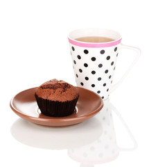 Fresh muffin with tea isolated on white