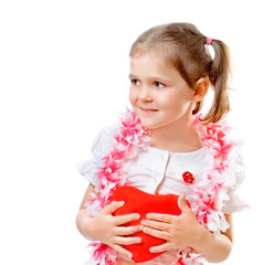 beautiful girl in a wreath holding a heart on a white background