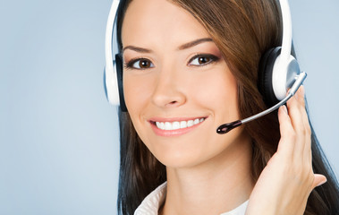 Support phone operator in headset, on blue