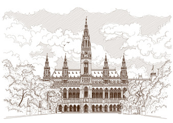 Obraz premium Vector drawing of Town Hall in Vienna, Austria