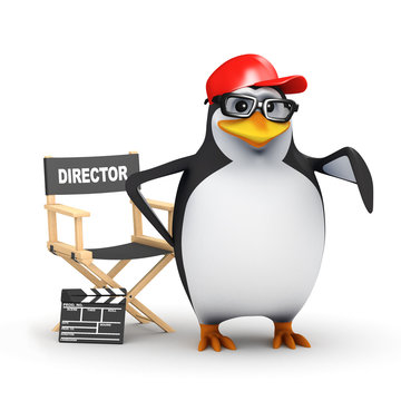 3d Penguin in baseball cap directs a movie