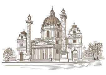 Vector drawing of Karlskirche in Vienna, Austria