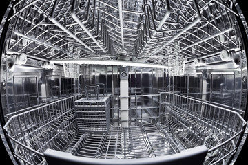 Fisheye view of the interior of an empty dishwasher