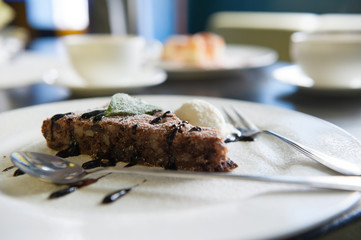 Chocolate pie piece wth ice cream