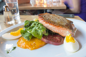 Pan Seared Salmon Filet with Vegetables and Eggs