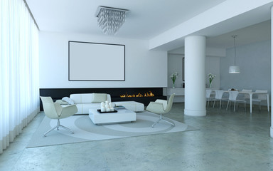 White minimalist lounge style living and dining room with firepl