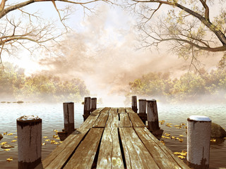Jesienna sceneria z drewnianym molo na jeziorze - obrazy, fototapety, plakaty