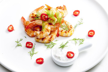 grilled prawns with dip of garlic, chilli and dill