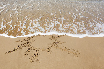 Sun drawn on the sandy beach.