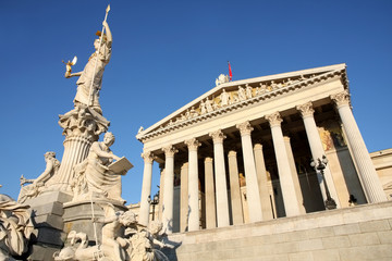 The Austrian Parliament and Athena Fountain in Vienna, Austria