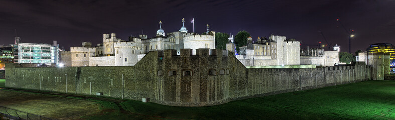 Panoramic image of the Tower of London, UK at night